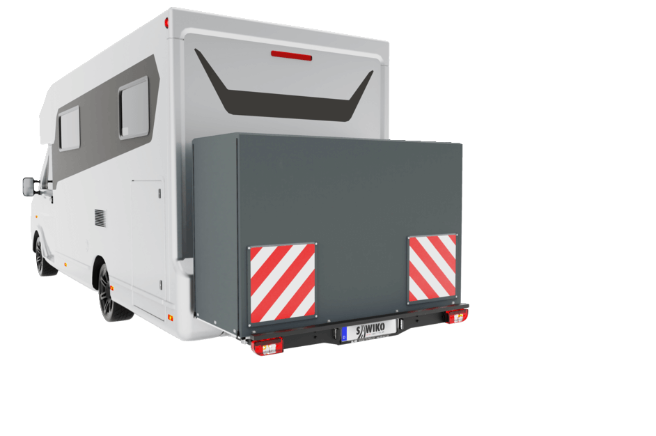 Motorcycle and bicycle carrier Basic with protective cover and mandatory 50x50 cm signalling plate for any load projecting more than one metre from the rear of the vehicle