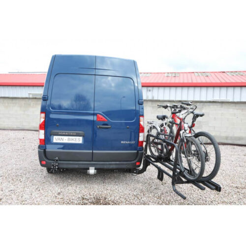 Porte-vélos VAN-BIKE 3 pour Renault Master Porte-vélos VAN-BIKE 3 pour Renault Master ouvert avec 2 vélos chargés