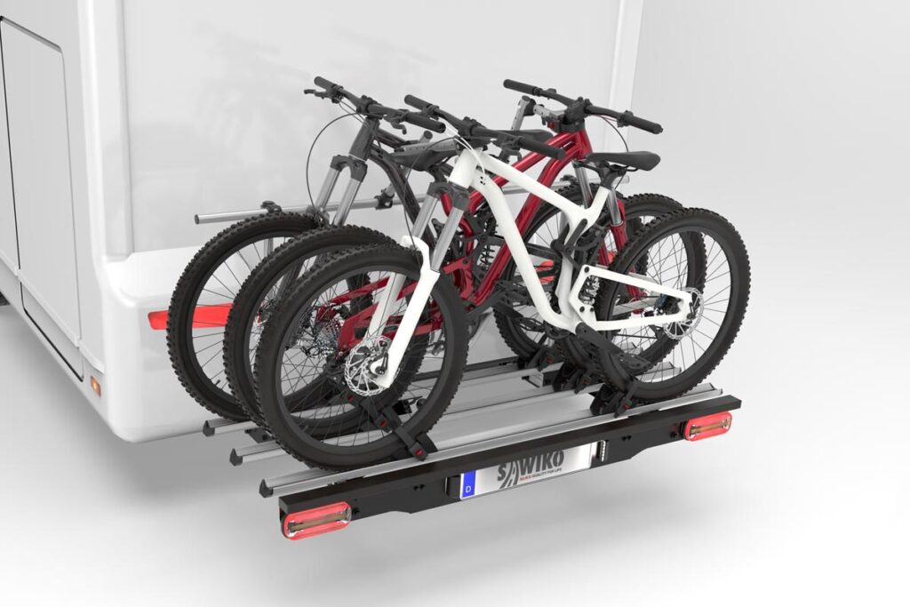 Motorhome with 3 bikes mounted on the bike rack
