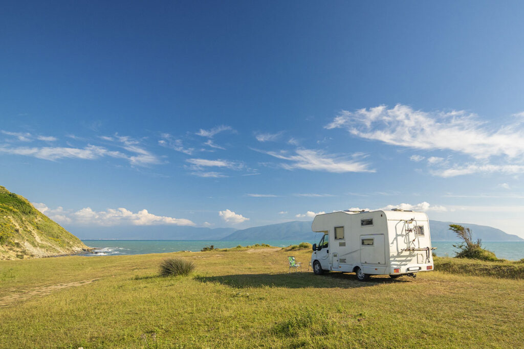 Motorhome equipped with a bike rack fitted to the rear wall