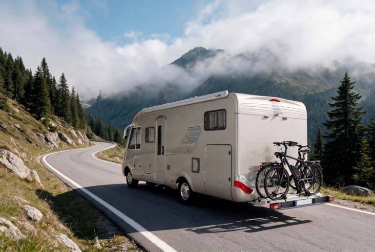 Porte-vélos arrière avec deux vélos sur un camping-car roulant sur une route de montagne